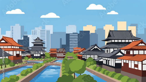 Kanazawa cityscape vector illustration blending cultural atmosphere with generic urban buildings, canals, and greenery in flat solid colors for travel and heritage-inspired designs
