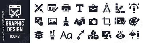 Graphic design icons set vector illustration in glyph style contains drawing, painting, creativity, idea, artwork, image, designer, tools, elements, concept and development