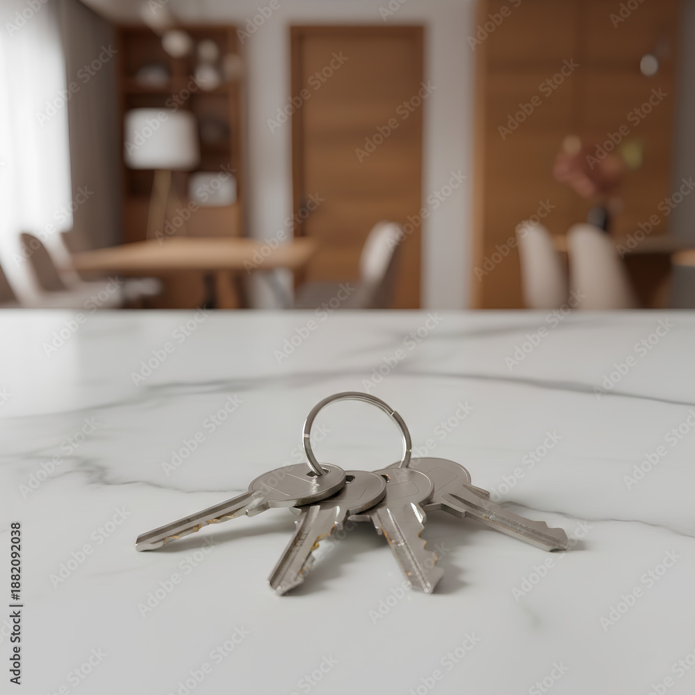 custom made wallpaper toronto digitalClose-Up of House Keys on Glossy Marble Countertop Against Blurred Modern Living Room Background, Symbolizing Real Estate Investment, Home Buying, Mortgage, and Dream Home Achievement