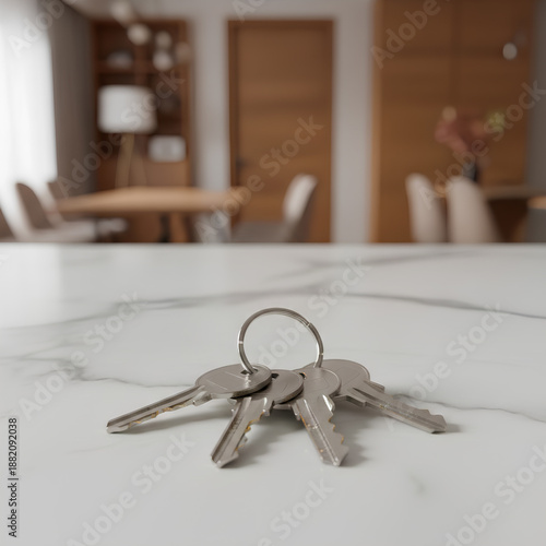 Wallpaper Mural Close-Up of House Keys on Glossy Marble Countertop Against Blurred Modern Living Room Background, Symbolizing Real Estate Investment, Home Buying, Mortgage, and Dream Home Achievement Torontodigital.ca