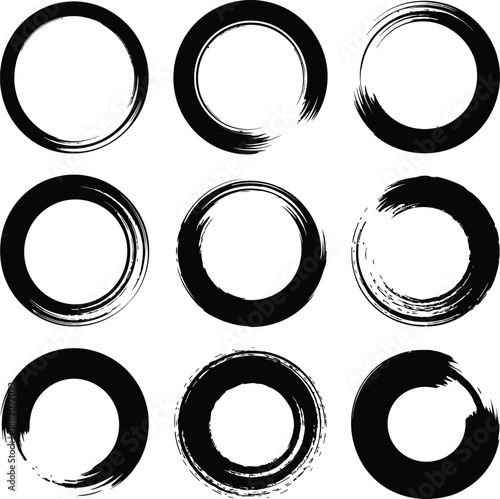 Set of Black Hand Drawn Zen Enso Circles with Ink Brush Stroke Texture for Minimalist Oriental Art Design