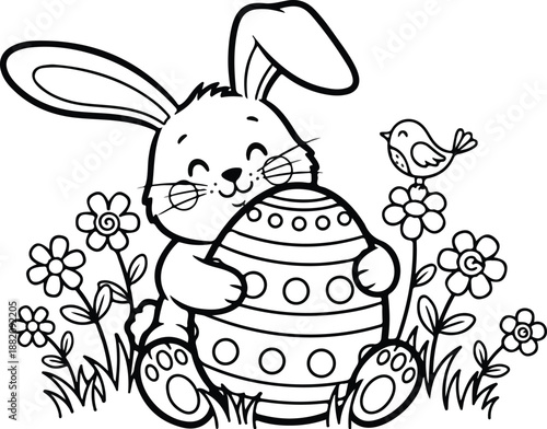 Easter bunny holding honey pot in garden on easter sunday morning