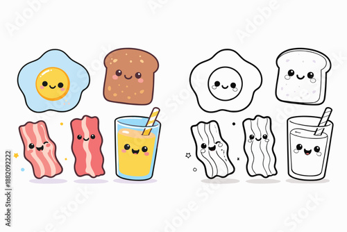 Kawaii breakfast food character set with egg toast and bacon