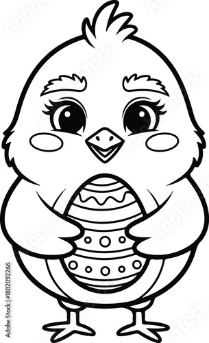 Easter chick holding decorated easter eggs on easter sunday morning