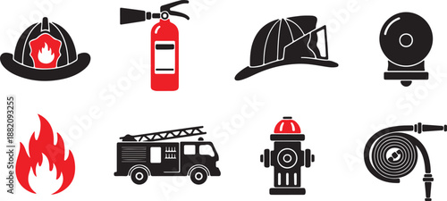 Firefighter Equipment and Emergency Safety Icon Set. Fire Truck, Helmet, Extinguisher, and Hydrant Vector Symbols.