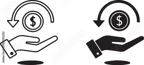 Cashback and Refund Money Icon Set. Hand Receiving Dollar Coin Vector Symbol.