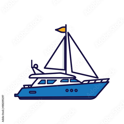 Sailing yacht with white sails and blue hull on calm waters