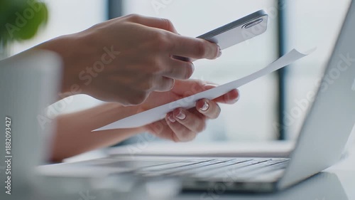 Close up of female hands scanning a paper bill with a smartphone app for mobile payment in a bright office, illustrating digital banking convenience.