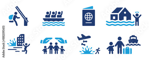Illustrative Iconography Set Showcasing Refugee and Asylum Themes Including Border Crossing Boat Migrant Passport Disaster Relief and Humanitarian Assistance