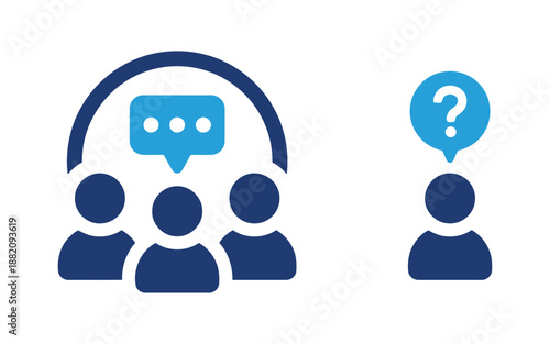 Illustration of group with shared ideas with individual looking confused separate group communication isolated and unsure of answer thinking hard and searching