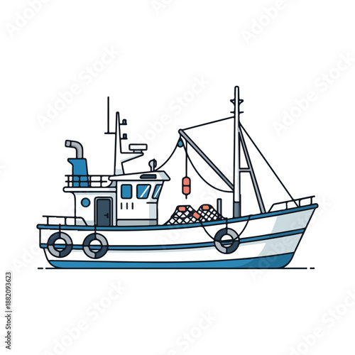 Fishing boat with blue and white hull sailing on calm waters with fishing nets on deck