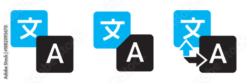 Language Translation or Transliteration from Foreign Text to English Alphabet Icon Set for Website and Apps UI Isolated on White