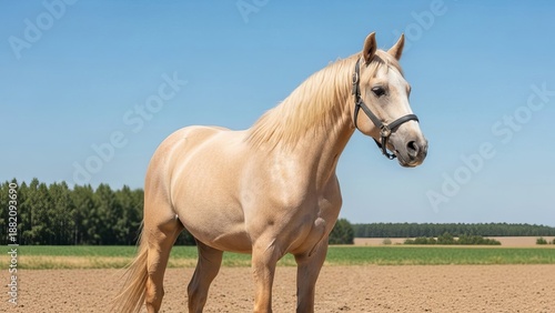 A majestic light tan horse stands proudly in a dirt arena surrounded by green trees under a clear blue sky with a halter on its face