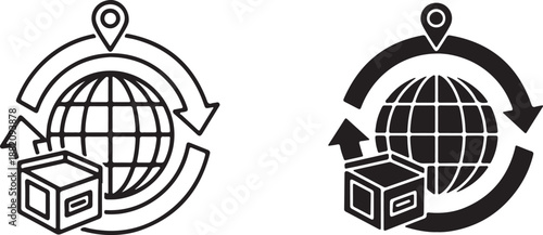 Global Logistics and Shipping Tracking Icon. Worldwide Delivery Box and Map Pin Symbol.