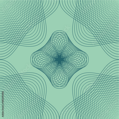 Abstract Teal and Mint Green Seamless Geometric Pattern with Intricate Guilloche Line Art and Central Diamond Shape