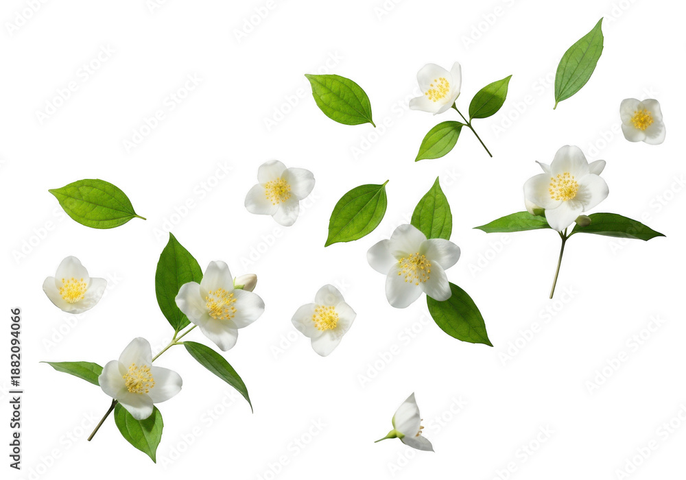 Fototapeta premium Delicate white jasmine flowers and green leaves scattered on black background