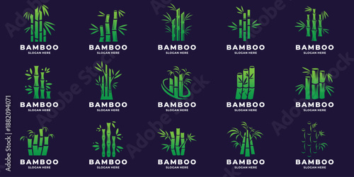 set of bamboo tree logos. gradient green color branding on dark background.