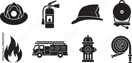 Firefighter Equipment and Emergency Rescue Icon Set. Fire Truck, Helmet, Extinguisher, and Hydrant Silhouette Symbols.