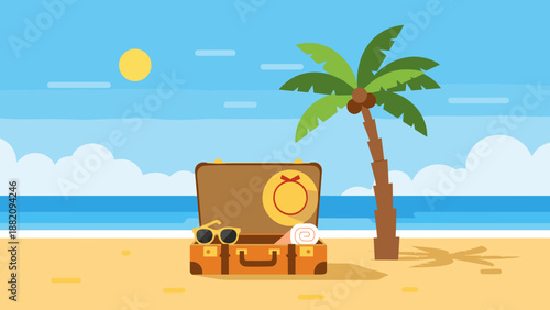 Suitcase and Palm Tree on Sandy Beach.
