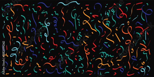 Birthday confetti seamless pattern background. Birthday decoration confetti, ribbon element, cute seamless pattern. Fun childish color abstract decoration element background. Vector illustration.