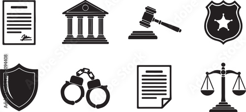 Law and Justice Icon Set. Court Gavel, Scales, Police Badge, and Handcuffs Silhouette Symbols.