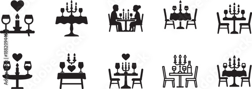   Romantic Valentine’s night dinner icon set with candles, wine glasses, and table for two, vector isolated.