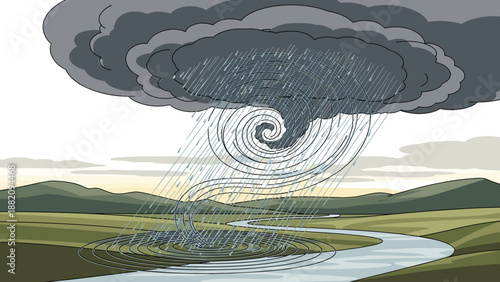Tornado Funnel Cloud Forming Over Landscape.