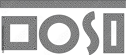 Bold Greek key meander patterns including rectangular frames and circular borders for luxury branding and classical decoration.