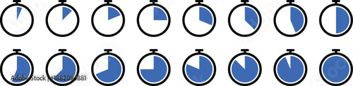 Set of blue stopwatch and timer icons showing time progress from five minutes to one hour for business and productivity concepts.