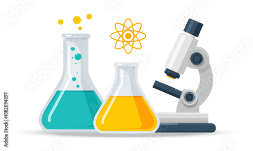  Microscope and laboratory flasks