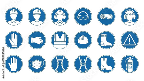 Set of blue circular mandatory personal protective equipment icons for industrial safety, including hard hat, eye protection, ear protection, and safety vest, in bright studio.