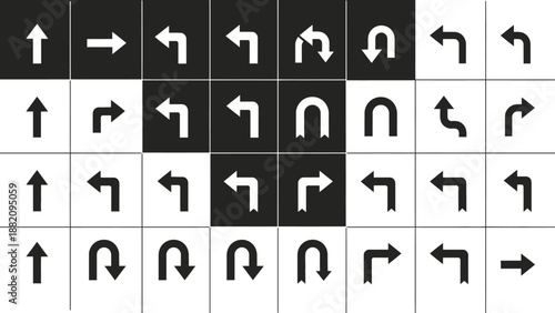 Set of black and white arrow icons depicting various directions and turns for navigation and user interface, in a grid background.