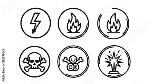 Set of outlined circular hazard warning symbols including electricity, fire, explosion, and toxic substances, isolated white background.