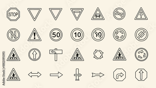 Set of Thin Line Traffic and Road Signs with Stop, Speed Limits, Arrows, and Warning Symbols in Light Studio Background