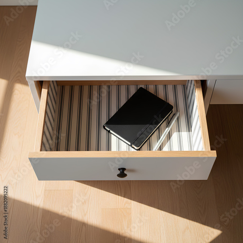 Wallpaper Mural Modern Minimalist White Nightstand Drawer Open with Black Smartphone Placed Inside on Striped Drawer Liner and Light Parquet Wooden Floor in Contemporary Bedroom Interior Torontodigital.ca