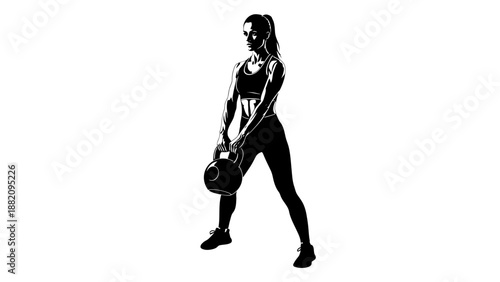 Silhouette of Athletic Woman Performing Kettlebell Exercise during Fitness Workout on Isolated White Background