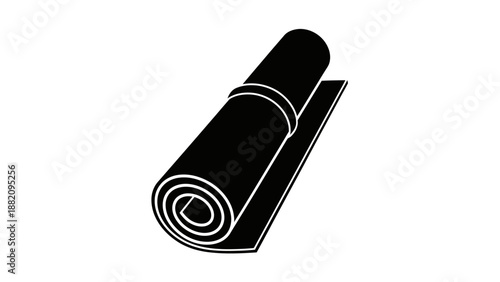 Black silhouette icon of a rolled-up yoga or exercise mat, for fitness and wellness, on isolated white background.
