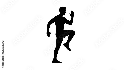 Dynamic Silhouette of Man Running High Knees Exercise on Isolated White Background