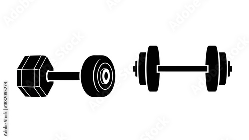 Black silhouette of a dumbbell for weightlifting and fitness, on isolated white background.