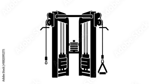 Silhouette icon of a cable crossover machine with handles, a gym strength training apparatus, on isolated white background.