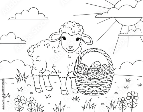 Easter sunday lamb with basket in a sunny meadow