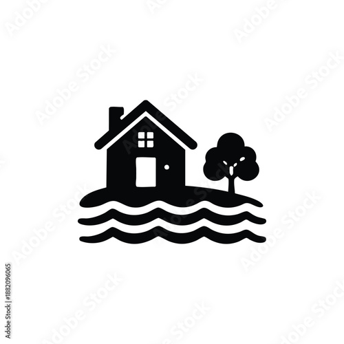 Black and white vector landscape with house by the river and tree minimal rural cabin icon