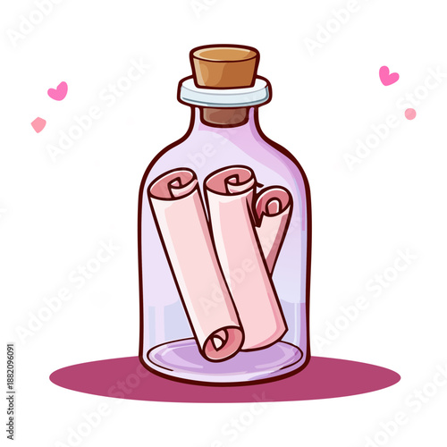 glass bottle with message scroll and pink hearts for romantic love letter and valentine gift concept