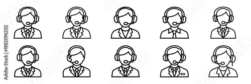 set of vector call center agent icon. Customer service editable line icons set.