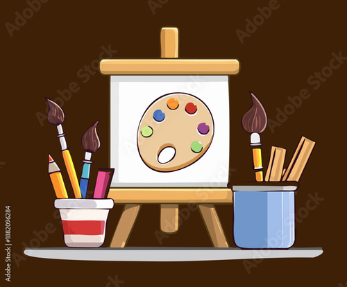 artist workspace with easel paint palette and brushes for creative fine art painting and hobby craft