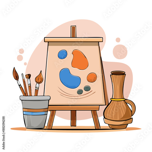simple wooden easel with canvas and paint brushes for beginner art classes and creative hobby workshop