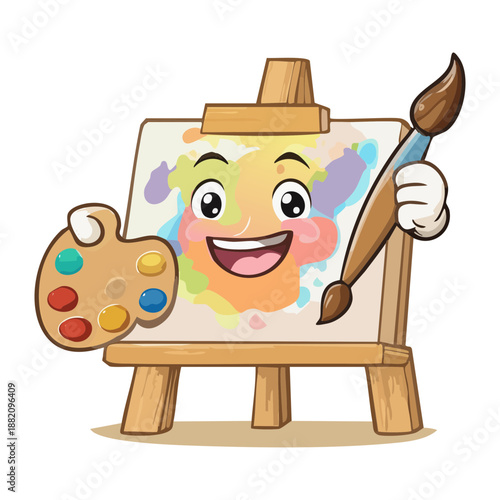 smiling artist easel character holding paint palette and brush for creative hobby and art school advertising