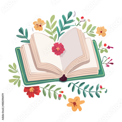 open book with floral decoration and a red flower inside for romantic poetry and love stories