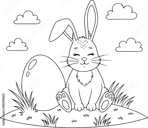 Easter sunday celebration with happy easter bunny in grass and clouds