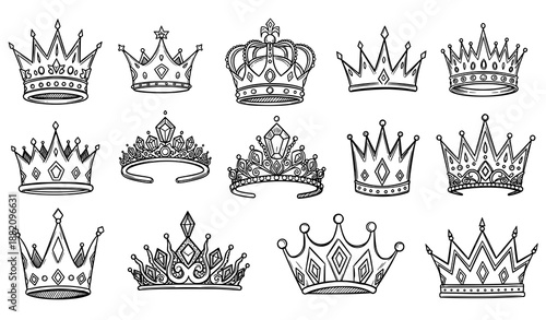 Hand drawn doodle royal crown and tiara vector set